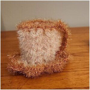 OOAK Sparkle BROWN/WHITE Yarn KITCHEN Scrubbie Hand Made COFFEE MUG/CUP 3" X 5"